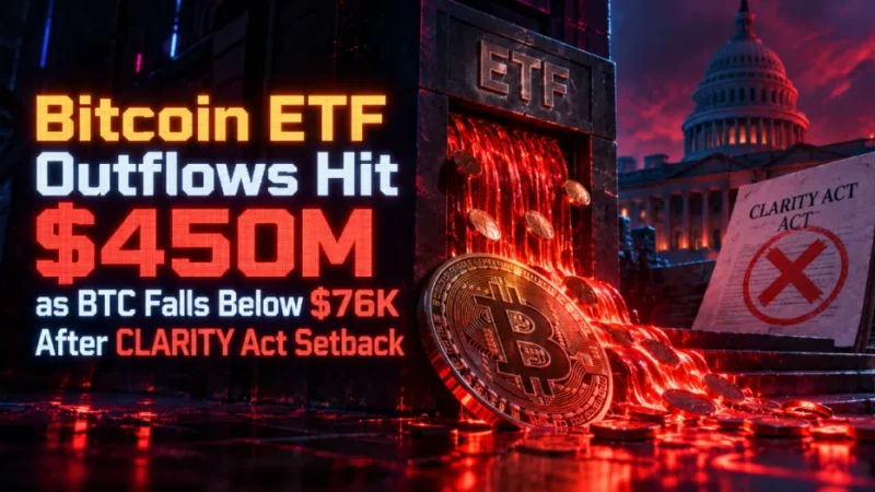 Bitcoin ETF Outflows Hit $450M as BTC Falls Below $76K After CLARITY Act Setback