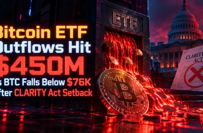 Bitcoin ETF Outflows Hit $450M as BTC Falls Below $76K After CLARITY Act Setback