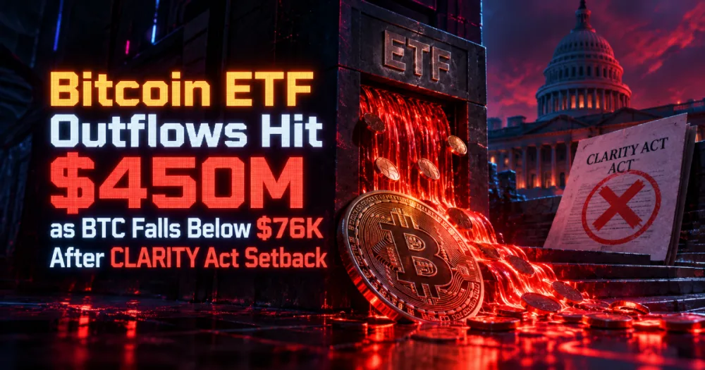 Bitcoin ETF Outflows Hit $450M as BTC Falls Below $76K After CLARITY Act Setback